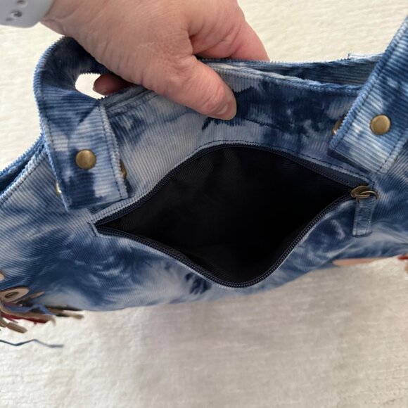 Tie-Dye Dog Print Corduroy Tote Bag With Fringe Details Zipper Pocket - Picture 11 of 13